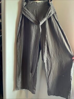 Zara Linen Olive Green Wide-Leg Cropped Pants with Tie Waist